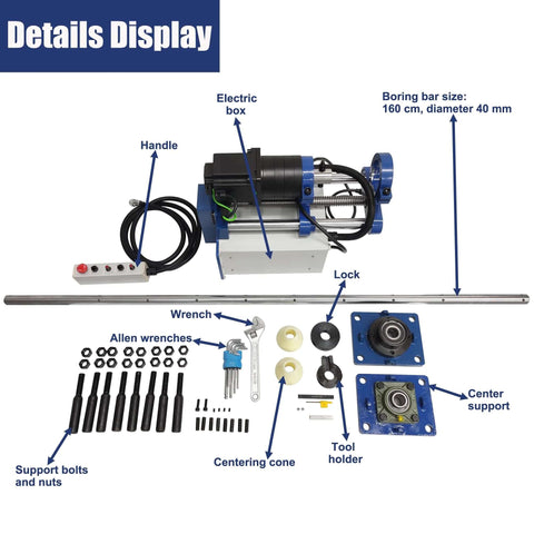 HQHAOTWU portable line boring machine with 1600mm boring bar and 110V servo motor; blue color.
