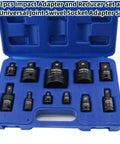 Impact Socket Adapter And Reducer Set With Universal Joint Swivels, Eleven Piece Kit From One Quarter Inch To One Inch Drive, CrMo Steel, Storage Case, Pro Grade For Auto Repair, Maintenance And DIY Projects, blue case open