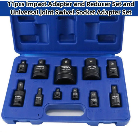 Impact Socket Adapter And Reducer Set With Universal Joint Swivels, Eleven Piece Kit From One Quarter Inch To One Inch Drive, CrMo Steel, Storage Case, Pro Grade For Auto Repair, Maintenance And DIY Projects, blue case open