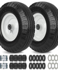 Flat Free Tire And Wheel 4.10 3.50 6 Size For Wheelbarrow And Hand Truck, 12 Inch Diameter, centered hub, two pack with bearings displayed
