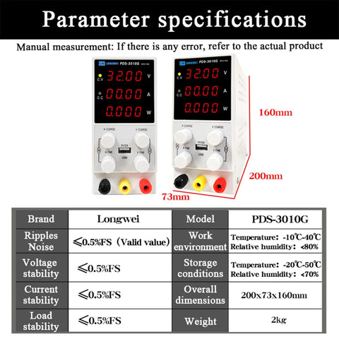 Beefy Adjustable 30V 10A DC Benchtop Power Supply With Encoder Coarse And Fine Knobs Variable Switching Regulated Lab Power Unit USB 5V 2A Charge Port Backlit Four Digit Display For Precise DIY Projects, front view with size chart