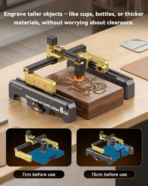 3W Laser Engraver Portable Cutter Machine With App Control Height Riser And Protective Case For Wood Leather Acrylic Coated Metal Diy Crafting 200x150mm Working Area Starter Kit Dope Engraving in action with height riser feature displayed.