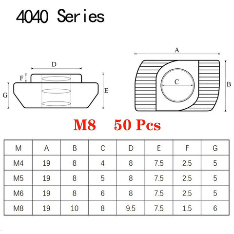 50 Pack 4040 Series M8 Hammer Head T Slot Nuts for 40 Series Aluminum Extrusion Nickel Plated Carbon Steel Fasteners