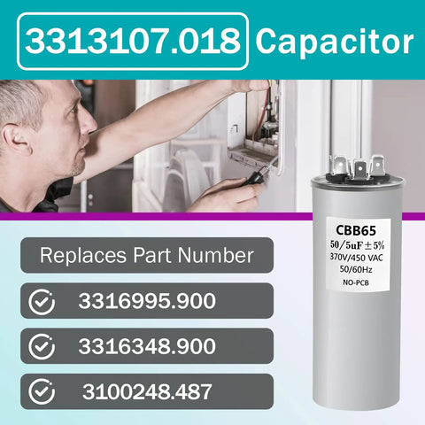 Capacitor Compatible With RV Air Conditioner 50/5uF 5 Percent 370V/450VAC CBB65 Run Capacitor Drop In Replacement For Heat Pump Or AC Unit Replaces 3316995.900 3316348.900 3100248.487 image showing capacitor and installation process.