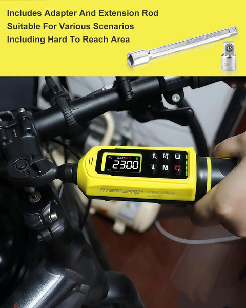 Quarter Inch Digital Torque Wrench With Color Screen And Five Units In Lbs Ft Lbs Nm KgF Cm Kg M For Bike Auto And DIY Projects Two Percent Accuracy Buzzer Vibration And LED Alerts Includes Extension And Quarter To Three Eighths Adapter, shown in use on a bike handlebar.