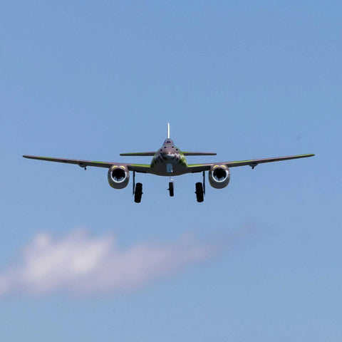 Front view of Me 262 EDF RC Warbird Airplane Bind N Fly Basic Jet Fighter Model in flight against clear sky