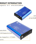 Parallel Fast Charger For DJI Air 3S And Air 3 Drones, close-up of blue 5-in-1 charging hub with labeled ports and indicators.