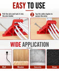 100 Pack Red Plastic Cable Stacker Clips With Nail For Secure Electrical Wire Organization shown in use on multiple surface types.