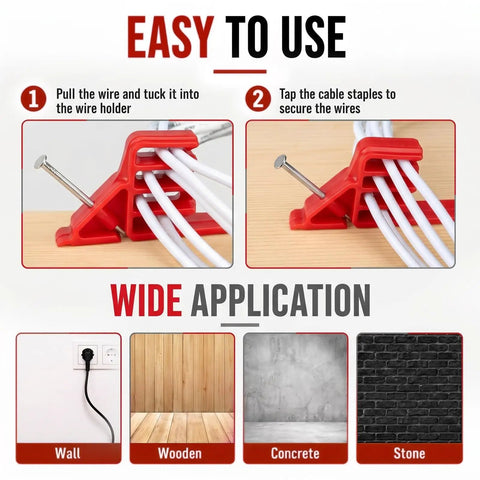 100 Pack Red Plastic Cable Stacker Clips With Nail For Secure Electrical Wire Organization shown in use on multiple surface types.
