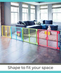 Wall Mount Kit For Baby Play Yards Extends Your Superyard Across Wide Open Spaces in colorful playpen setup in living room