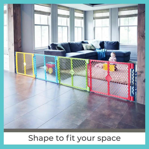 Wall Mount Kit For Baby Play Yards Extends Your Superyard Across Wide Open Spaces in colorful playpen setup in living room