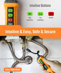 Pen Style Gas Leak Detector With Four Inch Probe For Sniffing Out Natural Gas And Propane Leaks Tracks Percent Lel shown in use near gas pipes.