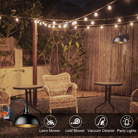 Two Pack Outdoor Wall Sconces Gooseneck Barn Light Style Vintage Matte Black Exterior Lighting Fixture With Built In UL Outlet shown lit in garden setting.
