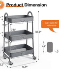 Three Tier Metal Rolling Cart With Lockable Wheels, Heavy Duty Mobile Storage Shelf For Living Room, Kitchen, Office Or Bathroom, Rust Resistant Steel, Adjustable Shelves, Grey, product dimensions and can size reference