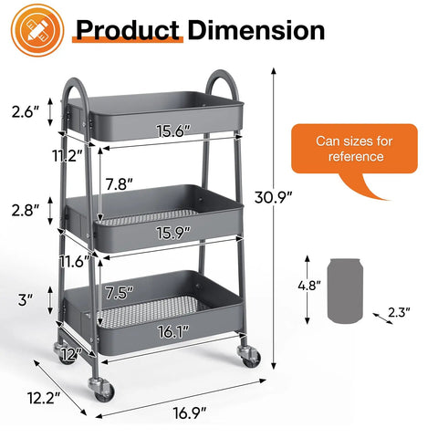 Three Tier Metal Rolling Cart With Lockable Wheels, Heavy Duty Mobile Storage Shelf For Living Room, Kitchen, Office Or Bathroom, Rust Resistant Steel, Adjustable Shelves, Grey, product dimensions and can size reference