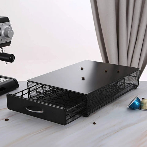 Vertuo Capsule Storage Drawer For VertuoLine Pods Metal Organizer Holds 40 Capsules Stackable Space Saver With Smooth Gliding Drawer Flavors Pod Holder in black metal with a sliding drawer on a countertop.