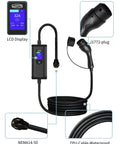 Level 2 EV Charger With App Control 32 Amp Portable J1772 Evse Nema 14 50 Plug Plus 5 15 Adapter 25 Foot Cable Smooth Operator Design showing LCD display and plug details.