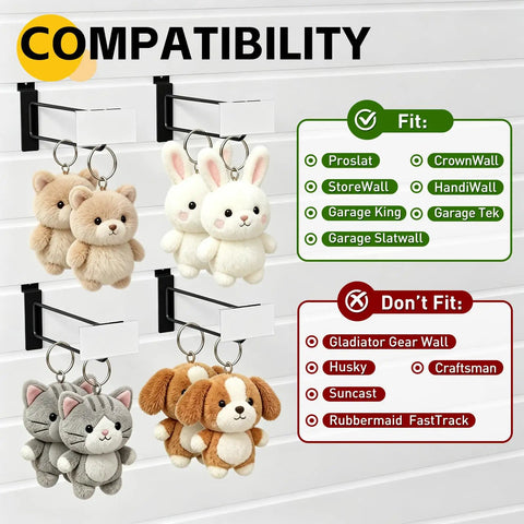 24 Pack Slatwall Hooks With Built In Price Tag Holder displaying plush keychains on a slatwall panel