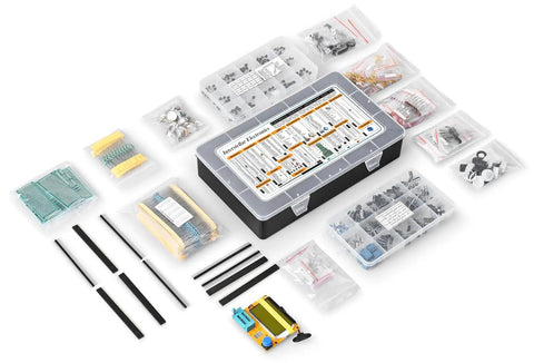 Massive 2200 Piece Electronic Component Kit With Resistors Capacitors Inductors Diodes Transistors LEDs ICs PCBs LCR Tester LCR T4 And Potentiometers arranged with case and components.