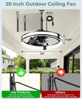 20 Inch Outdoor Ceiling Fan With Integrated Led Lamp And Smart Remote Control Packs Hella Rugged IP65 Shield For Porch Or Gazebo dimensions and features overview.