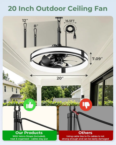 20 Inch Outdoor Ceiling Fan With Integrated Led Lamp And Smart Remote Control Packs Hella Rugged IP65 Shield For Porch Or Gazebo dimensions and features overview.