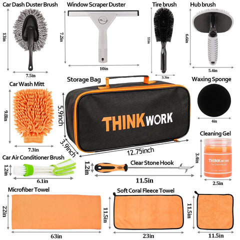 Orange Must Have All In One Car Detailing Kit With Storage Bag Pro Grade Microfiber Towels Wash Mitt Duster Window Scraper