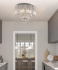 Crystal Raindrop Drum Chandelier Light Flush Mount LED Ceiling Fixture, 16 Inch Diameter, in modern kitchen setting.