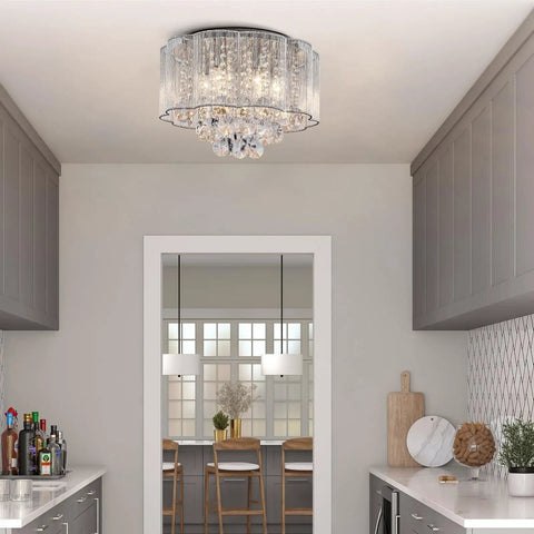Crystal Raindrop Drum Chandelier Light Flush Mount LED Ceiling Fixture, 16 Inch Diameter, in modern kitchen setting.