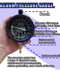Vacuum pressure gauge kit, front view; black circular gauge with brass inlet fitting for automotive carburetor testing.