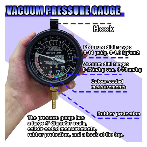 Vacuum pressure gauge kit, front view; black circular gauge with brass inlet fitting for automotive carburetor testing.