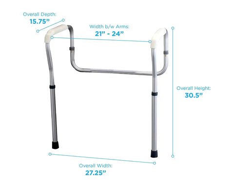 Rock Solid Adjustable Toilet Rails And Bathroom Grab Bars Breezy Click Setup Heavy Duty Safety Frame For Seniors Helping You Stand Up Stronger Grey dimensions showing height 30.5 inches and width 21-24 inches.