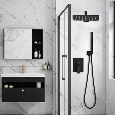 Heavy Hitter Black Shower Faucet Set With Broad Rain Canopy And Two Function Handheld Sprayer For No Worries Scrubbing And Pup Baths Cool Finish Cuts Bills