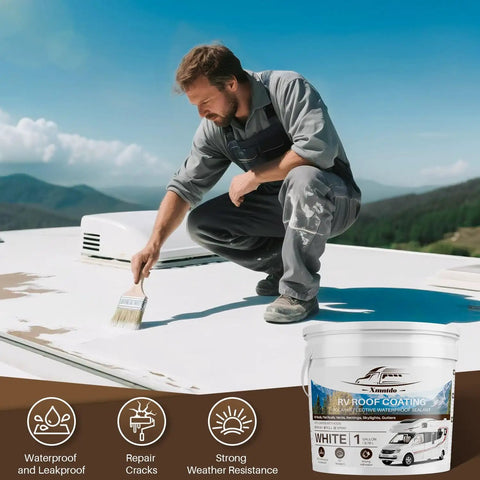 Person applying White RV Roof Sealant 1 Gallon Waterproof Flexible Coating For Campers Travel Trailers Motorhomes And RVs
