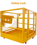 Forklift safety cage on wheels, 43x45 in, yellow steel work platform with 1400 lb capacity