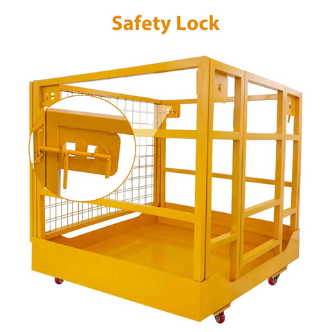 Forklift safety cage on wheels, 43x45 in, yellow steel work platform with 1400 lb capacity
