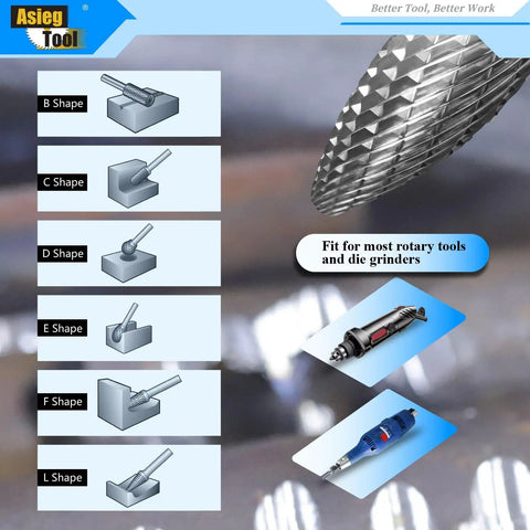 Diagram showing shapes of burrs with a rotary tool, part of Pro Grade Ten Piece Carbide Burrs Set With One Quarter Inch Shank Double Cut Tungsten Carbide Rotary Files For Die Grinder Metal Wood Carving Engraving Polishing Drilling Grinding Milling Cutting