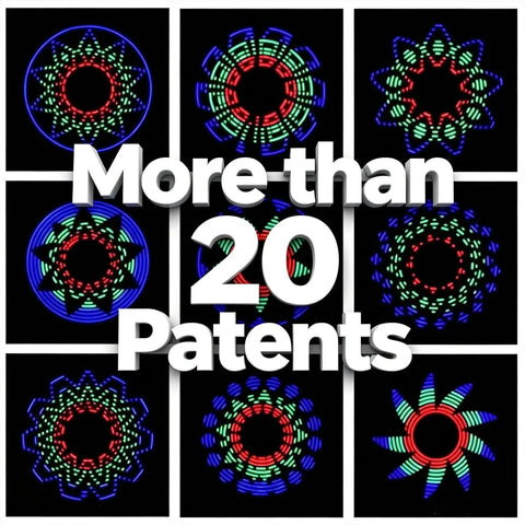 Colorful LED patterns with text 'More than 20 Patents' for Beginner-Friendly Soldering Practice Kit With 3 Leaves Fidget Spinner Project LED Flasher Light DIY Electronics Board STEM Soldering Kit For Hobbyists Engineers And Students.