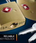 Mini Brass Square TSA Travel Lock For Luggage And Carry On, Durable Padlock Set For Suitcases, Close-up of lock and keys.
