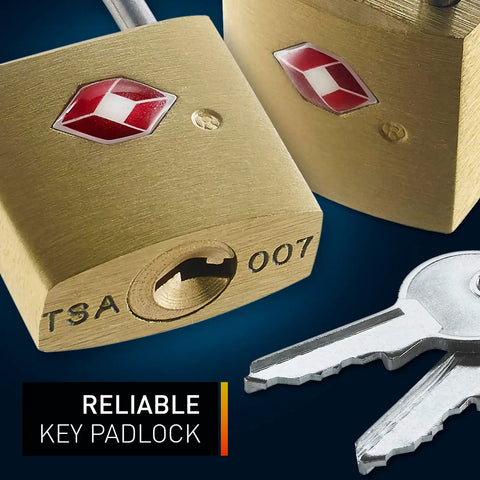 Mini Brass Square TSA Travel Lock For Luggage And Carry On, Durable Padlock Set For Suitcases, Close-up of lock and keys.
