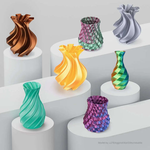 Display of vases printed with Silk Copper PLA Filament 1.75mm, 1kg Spool For 3D Printers, High Dimensional Accuracy 0.02mm