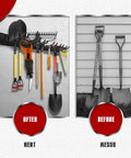 Comparison of tool storage before and after using Built Like A Tank 48 Inch Heavy Duty Garage Storage Wall Organizer Rack