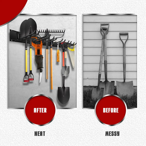 Comparison of tool storage before and after using Built Like A Tank 48 Inch Heavy Duty Garage Storage Wall Organizer Rack