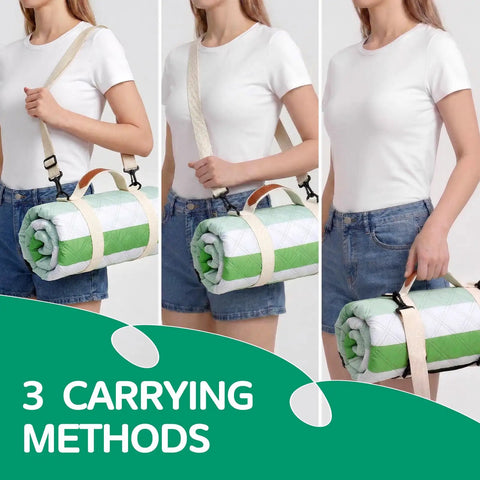Different ways to carry the Waterproof Beach Blanket For Picnics And Camping Extra Large Sandproof Outdoor Rug with handle and strap.