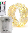 Battery Operated Fairy Lights With Remote, 50 LEDs Warm White 16Ft Silver Wire, 8 Modes With Timer, coil and remote shown