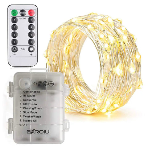 Battery Operated Fairy Lights With Remote, 50 LEDs Warm White 16Ft Silver Wire, 8 Modes With Timer, coil and remote shown