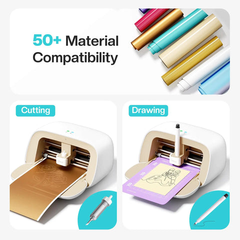 S501 Vinyl Cutter Machine showing cutting and drawing functions on vinyl with multiple material compatibility