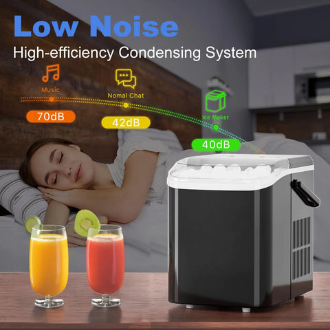 Front view of black countertop ice maker with white lid and side handle