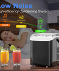 Heavy Duty Countertop Ice Maker With Carry Handle Chilling Bullet Ice Cubes In Six Minutes Cranking Twenty Six Pounds Daily for home use.