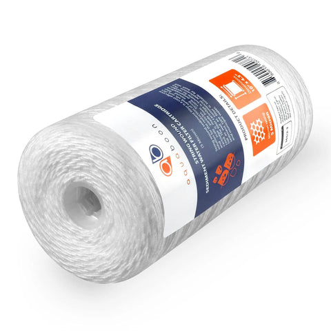5 Micron String Wound Whole House Water Filter Cartridge 10 By 4.5 Inch Two Pack showing string-wound design and label