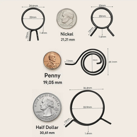 8 Piece Door Handle Spring Set For Knob And Lever Latch Replacement size comparison with coins showing spring diameters